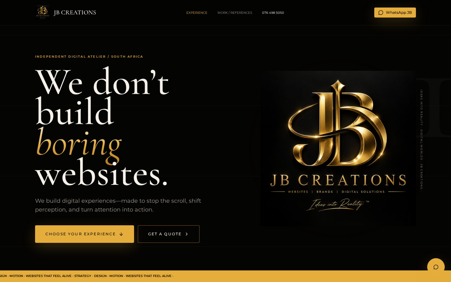 JBcreastions.com homepage, live